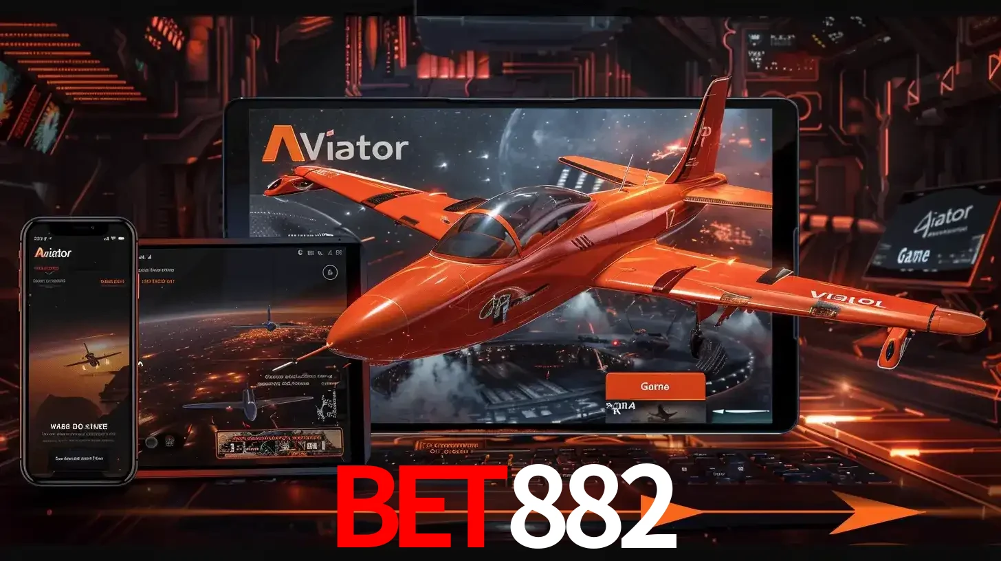 Apresentação tecnológica do jogo Aviator com um avião saindo da tela de um tablet, demonstrando a experiência imersiva em múltiplos dispositivos no BET882.