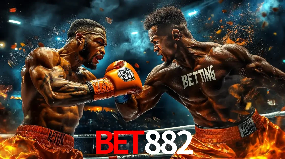 Dois boxeadores em uma luta intensa e explosiva, representando a adrenalina e as oportunidades de apostas em esportes de combate disponíveis na plataforma BET882.