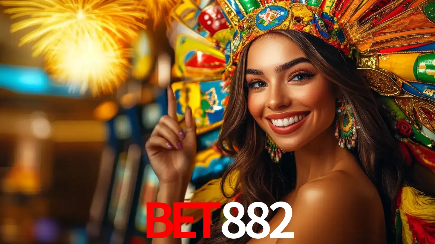 Mulher sorridente com um cocar de carnaval vibrante e colorido, celebrando uma grande vitória nos jogos do cassino BET882 com fogos de artifício ao fundo.