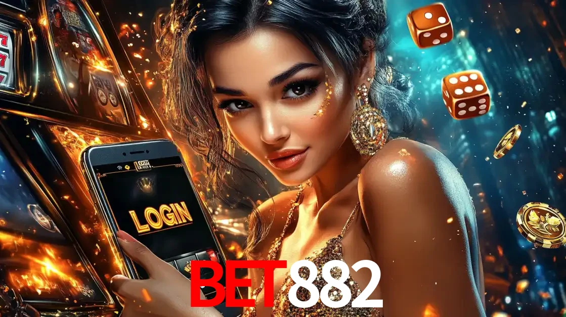 Mulher glamourosa segurando um celular com a tela de login do cassino BET882, rodeada por dados e moedas douradas, pronta para começar a diversão.