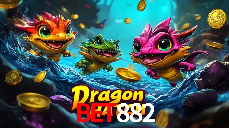 Arte promocional do jogo Dragon Hatch com três adoráveis dragões bebês nadando entre moedas de ouro, um dos slots mais divertidos para jogar no cassino BET882.