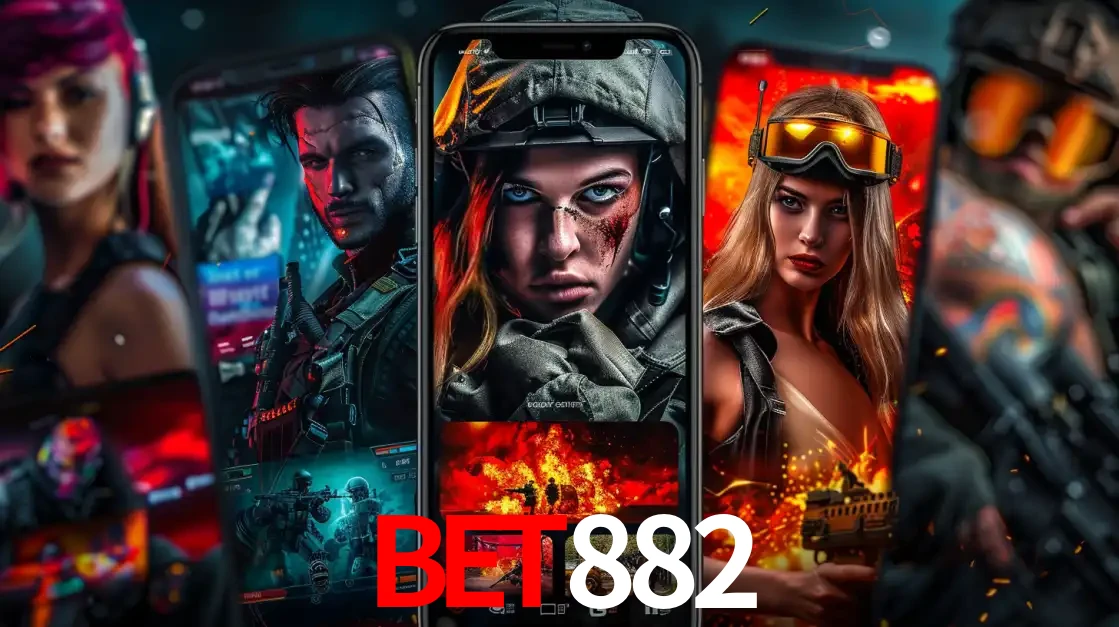 Montagem de telas de celular mostrando diversos personagens, masculinos e femininos, de um jogo de tiro, ilustrando a diversidade de equipes de e-sports para apostar no BET882.