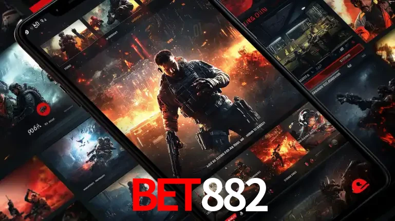 Tela de um celular exibindo uma galeria de jogos de tiro com temática militar, mostrando a variedade de e-sports disponíveis para apostas na plataforma de entretenimento BET882.