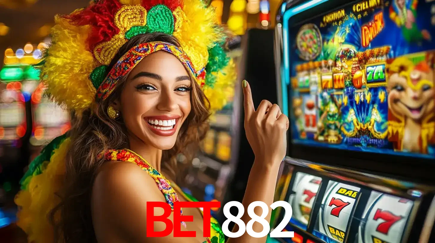 Mulher animada com um cocar de carnaval apontando para uma máquina de caça-níqueis, mostrando a emoção de ganhar um grande prêmio nos jogos do BET882.