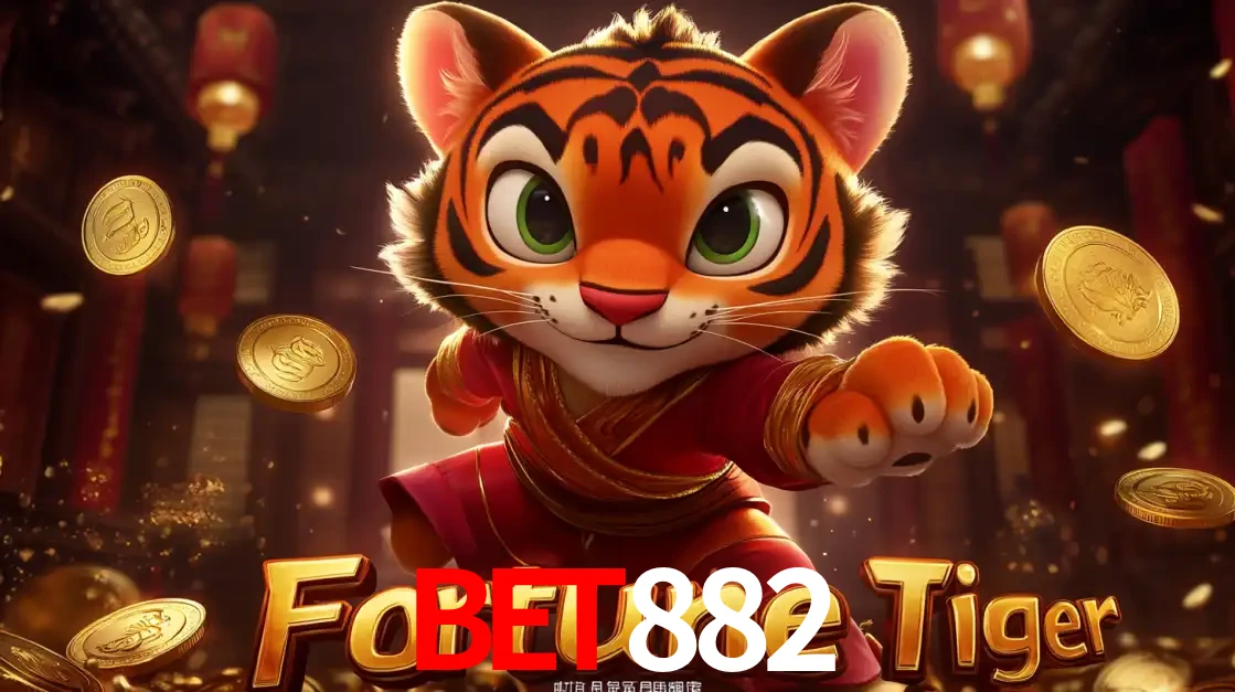 O carismático mascote do jogo de slot Fortune Tiger, um tigre fofo em pose de artes marciais, pronto para trazer sorte e multiplicadores de ganhos no cassino online BET882.
