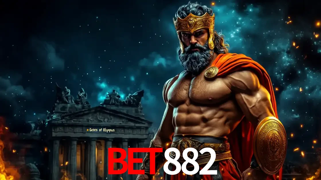 O poderoso Zeus do jogo de slot Gates of Olympus em frente ao seu templo, pronto para lançar multiplicadores divinos e prêmios épicos no cassino online BET882.