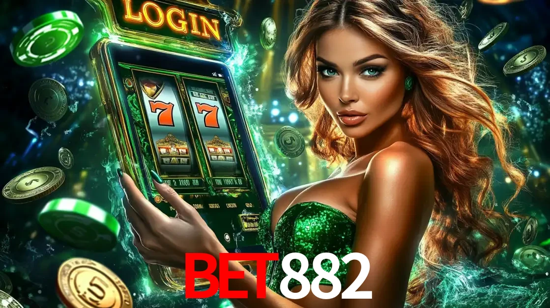 Mulher com tema verde apresentando o aplicativo do cassino BET882 com um jogo de slot de 777, cercada por fichas de cassino e uma aura de sorte.