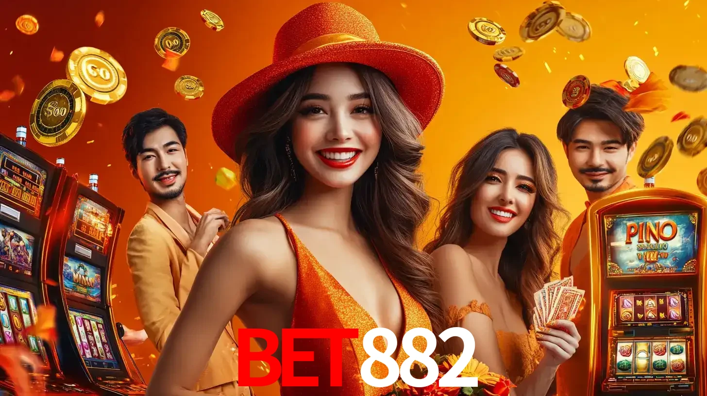 Grupo de amigos asiáticos sorrindo e se divertindo com máquinas de caça-níqueis em um ambiente festivo, celebrando suas vitórias nos jogos de cassino do BET882.