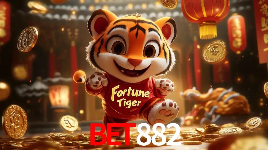 O alegre personagem do Fortune Tiger correndo sobre um caminho de moedas de ouro, simbolizando os grandes prêmios e a diversão do popular jogo de slot do BET882.