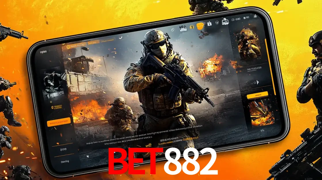 Um smartphone exibindo a interface de um jogo de tiro em primeira pessoa, com um soldado em um cenário de batalha, representando a ação dos e-sports para apostar no BET882.