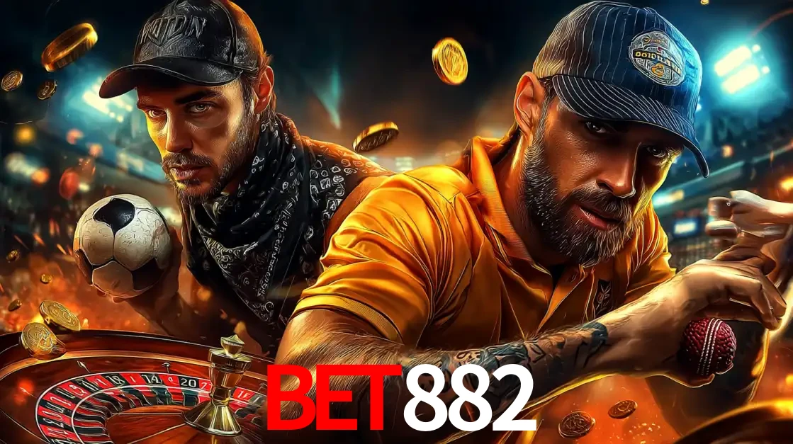 Montagem de apostas esportivas e cassino no BET882, com um homem segurando uma bola de futebol e outro uma de beisebol sobre uma roleta e moedas voadoras.