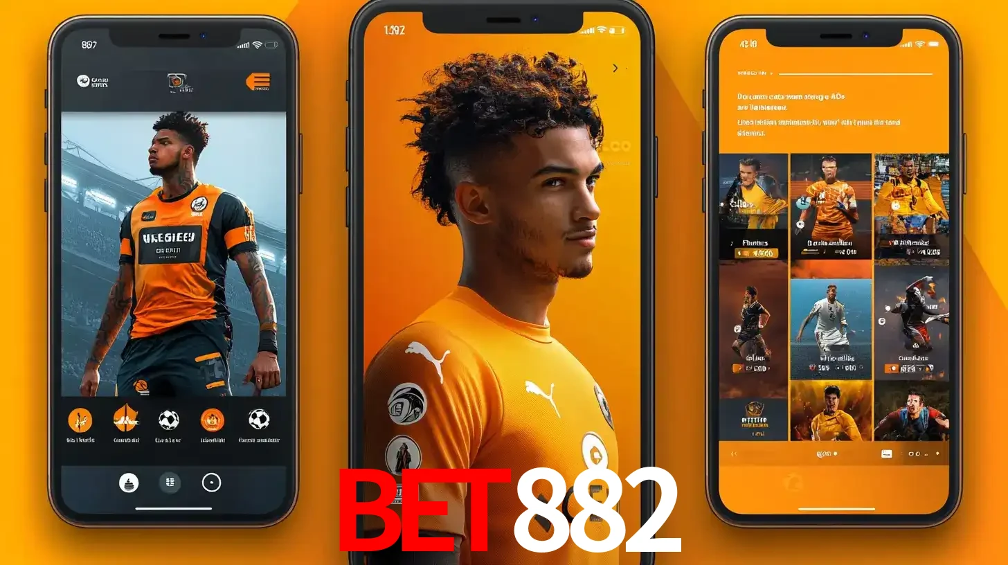 Interface do aplicativo de apostas esportivas BET882 em três telas de celular, mostrando o perfil de um jogador de futebol e a lista de jogos disponíveis para apostar.