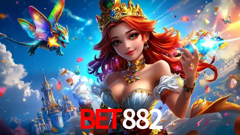 A princesa de um reino de fantasia mágico, com seu pequeno dragão, apresentando um mundo de prêmios encantados nos jogos de caça-níqueis do cassino BET882.