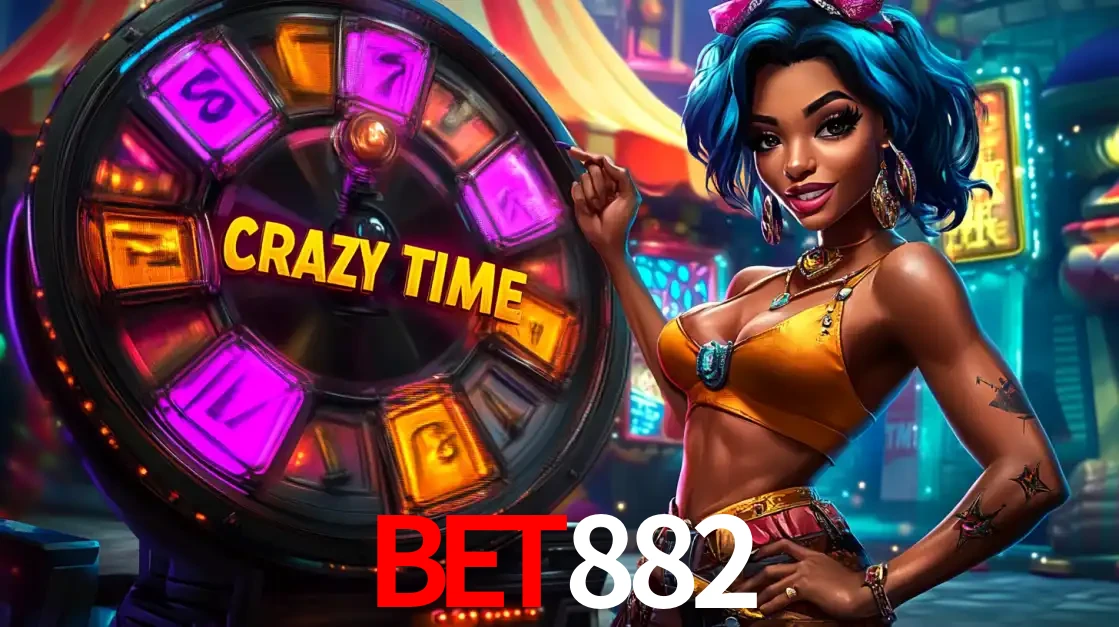 Mulher estilizada com cabelo azul e visual vibrante posando ao lado da roda de prêmios do game show Crazy Time, convidando para a diversão e os bônus do cassino BET882.