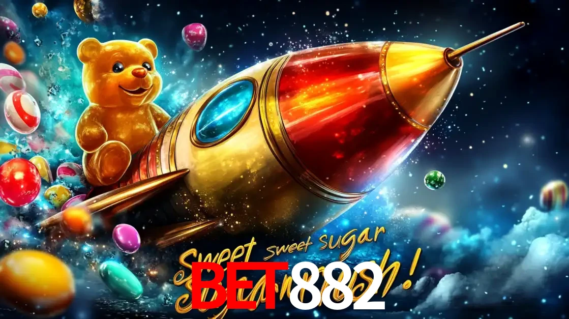 Arte promocional do jogo de slot Sugar Rush, com um urso de pelúcia em um foguete viajando pelo espaço de doces, um dos jogos divertidos disponíveis no cassino BET882.