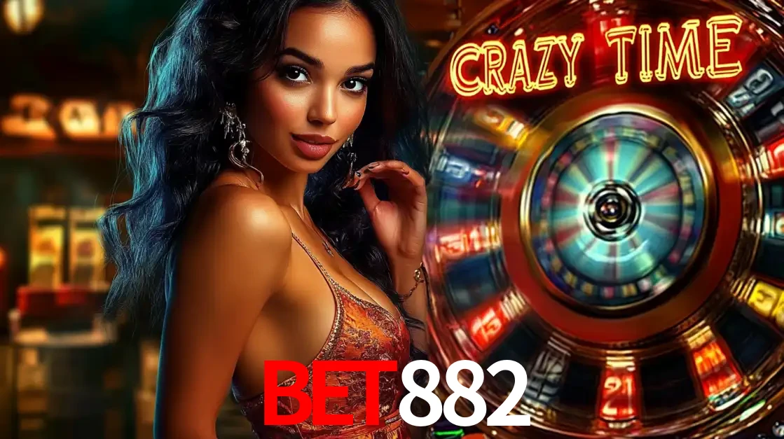 Mulher elegante ao lado da vibrante roda da fortuna do jogo de cassino ao vivo Crazy Time, um dos game shows mais populares e cheios de prêmios do BET882.