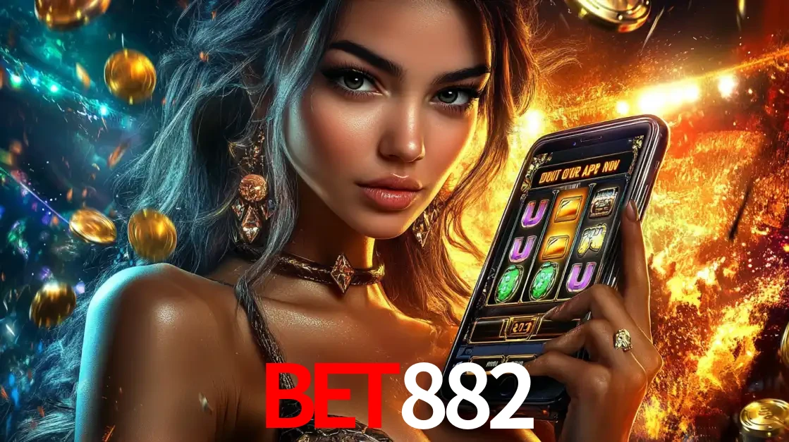 Mulher elegante mostrando um jogo de caça-níqueis em seu smartphone, destacando a experiência de cassino móvel oferecida pelo aplicativo BET882.