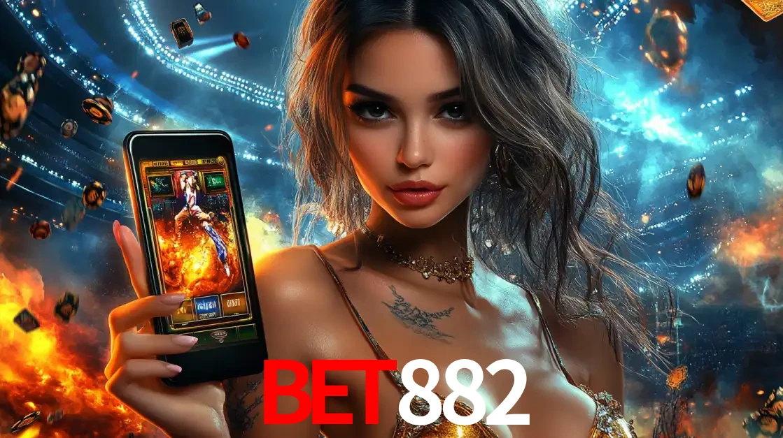 Mulher segurando um celular com um jogo de slot em destaque, tendo como fundo um estádio vibrante, simbolizando a emoção de jogar no cassino móvel BET882.