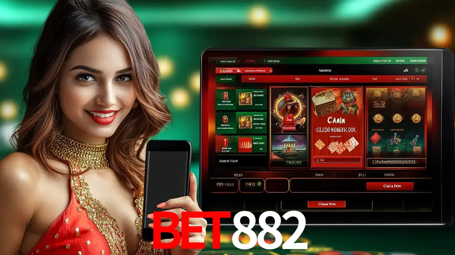 Mulher sorridente segurando um smartphone, ao lado de uma tela exibindo o lobby de jogos do cassino online BET882, com várias opções de jogos de cartas e slots.